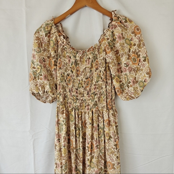 Anthropologie Kindred Shirred Puff Sleeves Midi Dress In Cream Floral Print Sz S - Picture 9 of 9